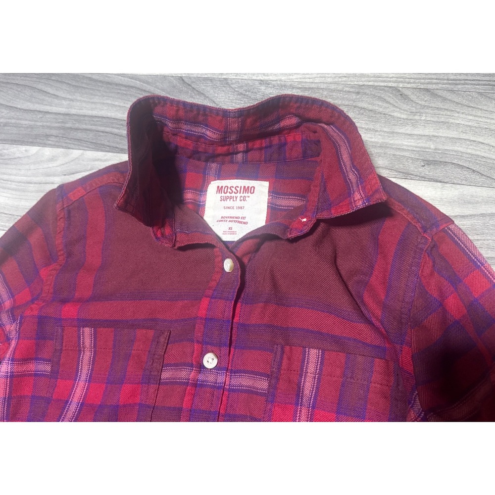 Mossimo Supply Co Womens XS Plaid Flannel Shirt Burgundy Purple B Boyfriend Fit